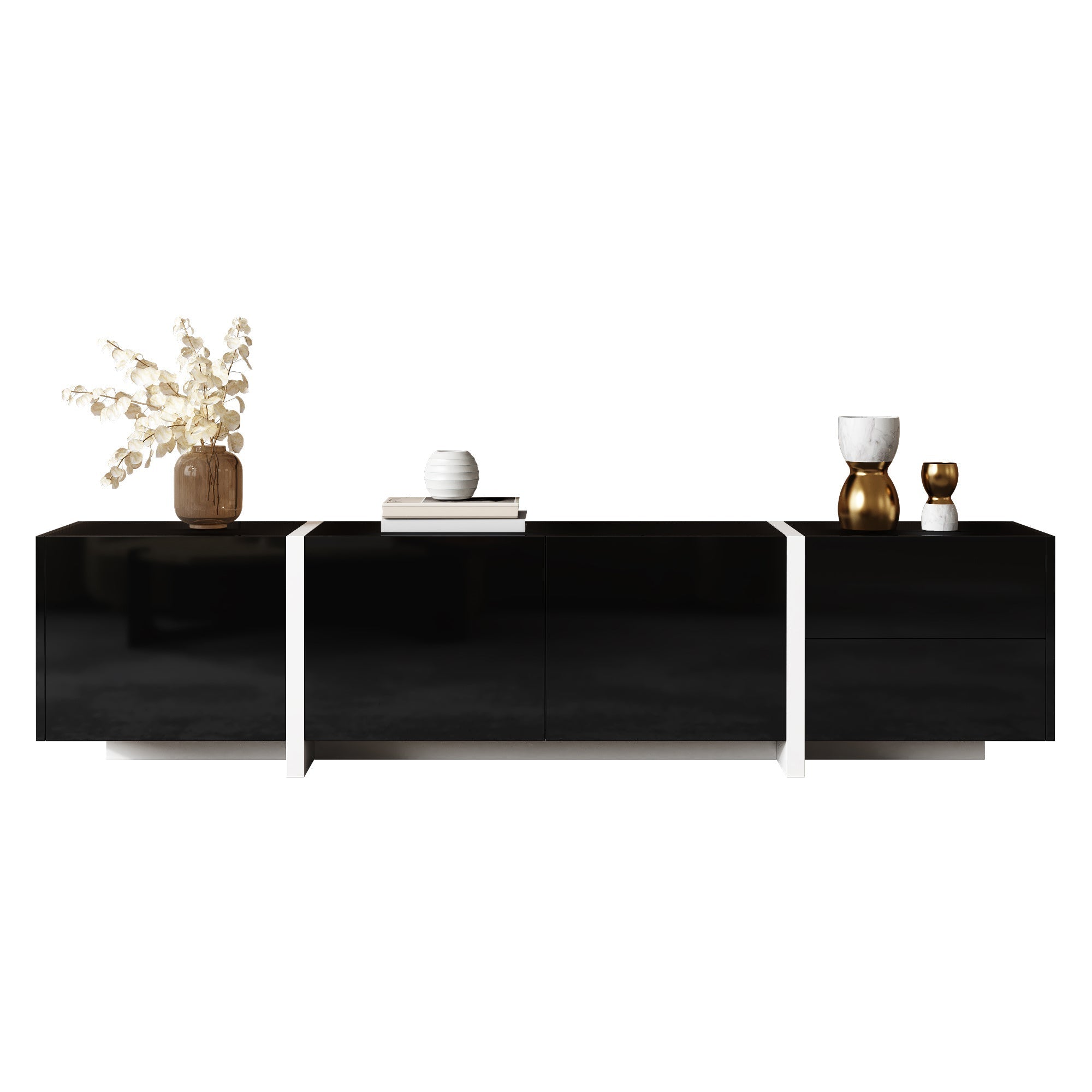 TV Stand Low Cabinet with LED Light Strip, Black/White
