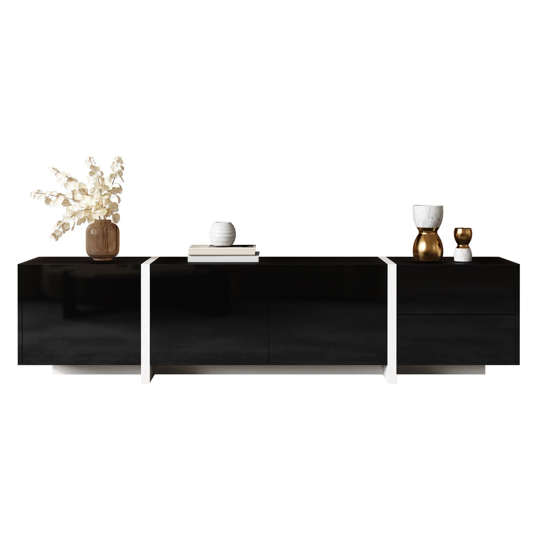 TV Stand Low Cabinet with LED Light Strip, Black/White