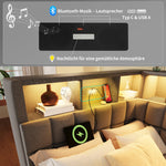 Upholstered Bed with Pull-out Bed, LED, Bluetooth Speaker and Charging Ports, 90x200cm, Grey Linen