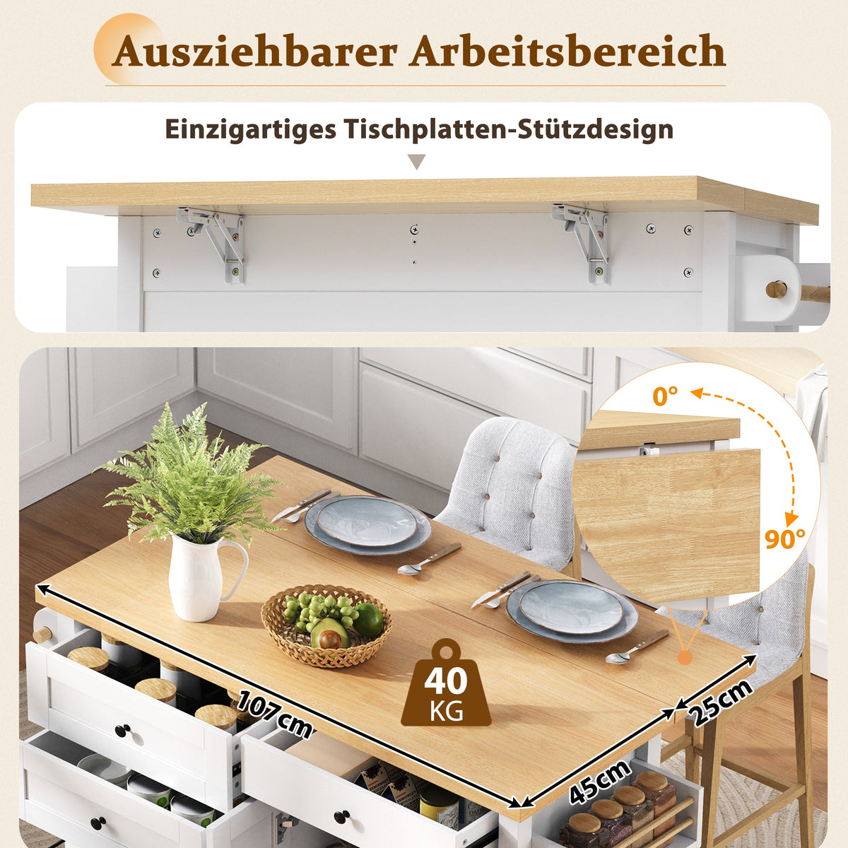 Mobile Kitchen Island, Extendable Dining Table Multifunctional Drawers, White