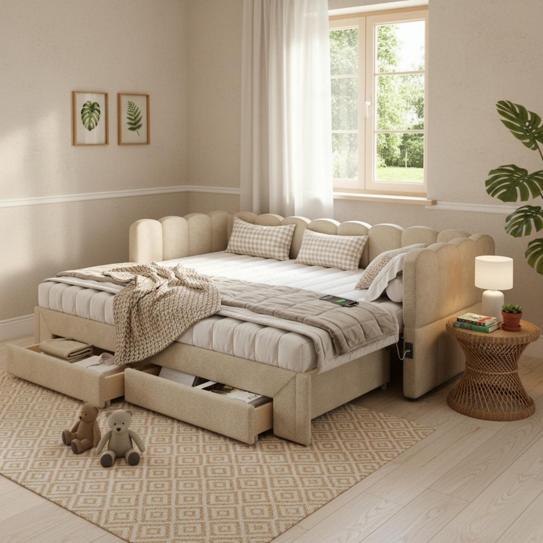 Upholstered Daybed Sofa Bed 90x200cm Extendable with 2 Drawers Storage USB Port beige chenille