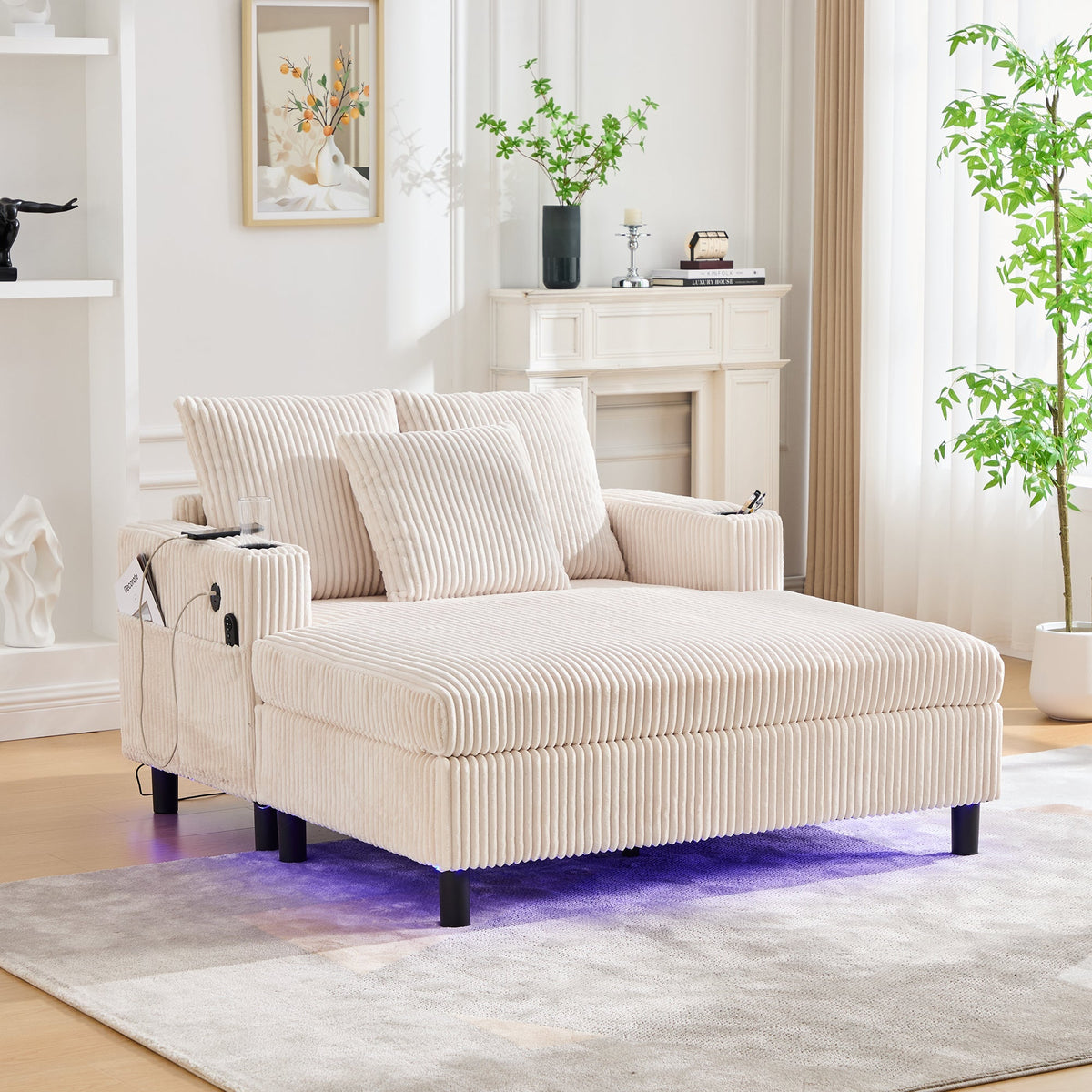 Chaise Longue Recliner with Cupholders, USB, LED Lighting, Soft