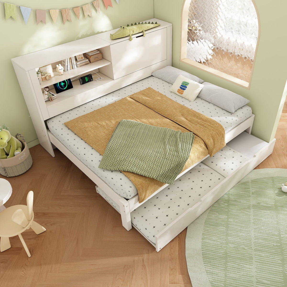 Sofa Bed Double Bed 140x190cm Pull-out Bed 90x190cm Storage USB/Type-C White