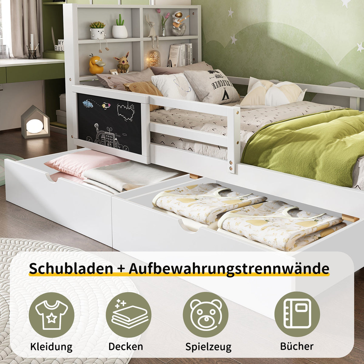 Multi-functional Children's Bed with Drawers and Chalkboard, 90x200cm, White