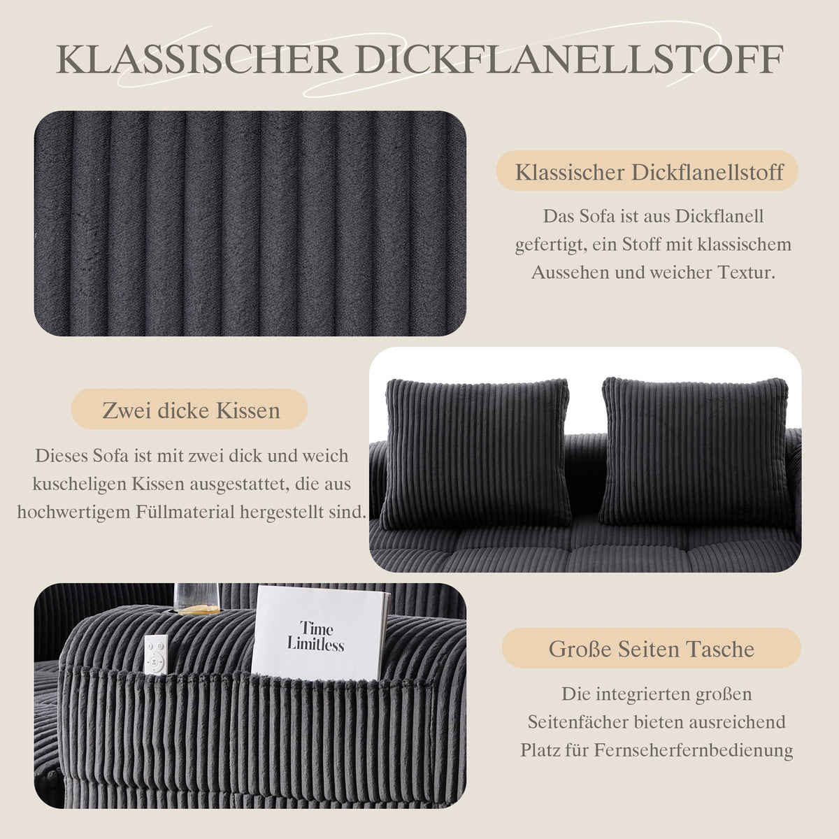 Two-Seater Sofa with Storage Pocket & Drink Holder - Corduroy