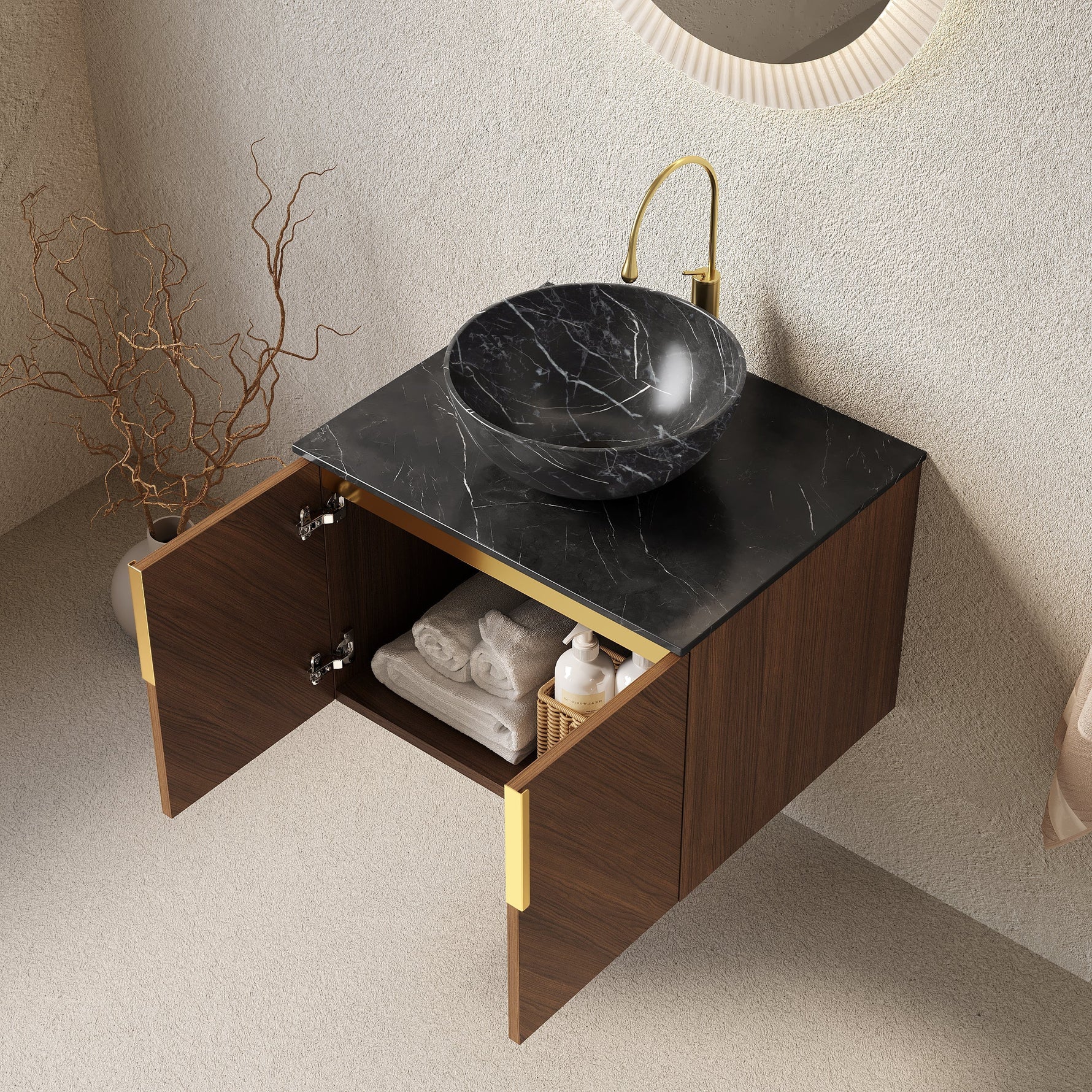 Wall-Mounted Bathroom Vanity Unit with Ceramic Bowl and Sintered Stone Countertop, Espresso Wood Grain