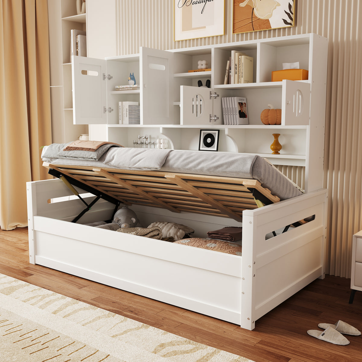 Wooden Sofa Bed 90x200cm with Hydraulic Storage in White