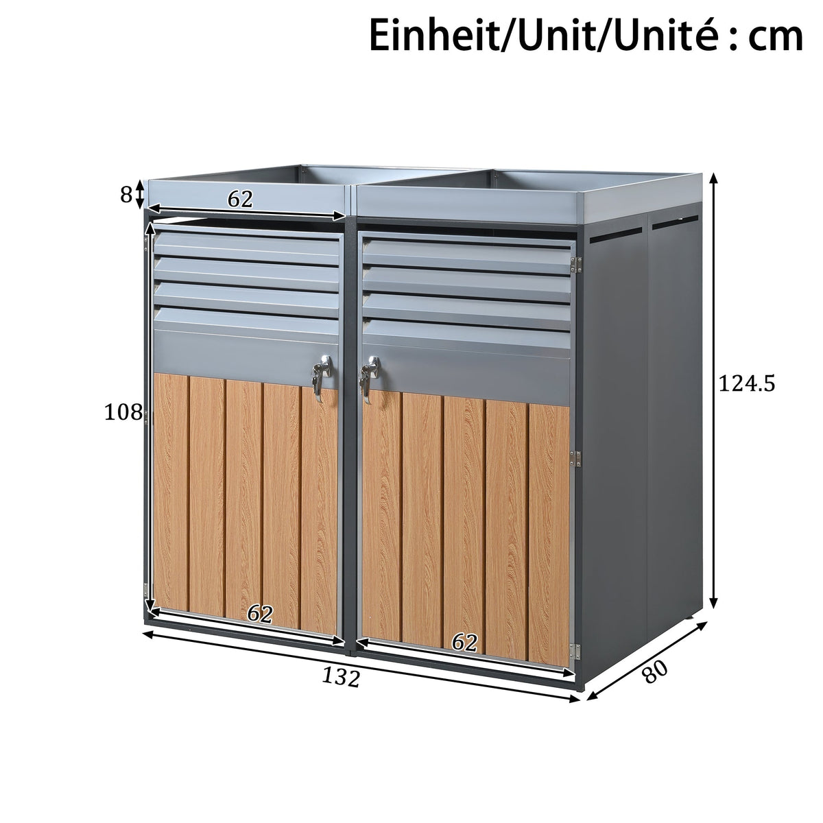 Garbage Can Enclosure with Ventilated Storage, Lockable Double Doors and Planting Area, Galvanized Steel