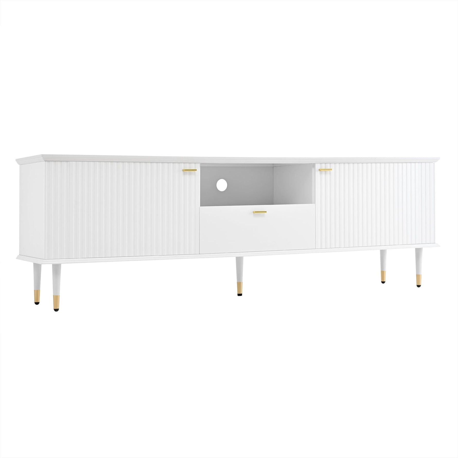 TV Cabinet with Open Compartments, Drawers, Soft-Close Hinges, Lacquered Textured Surface