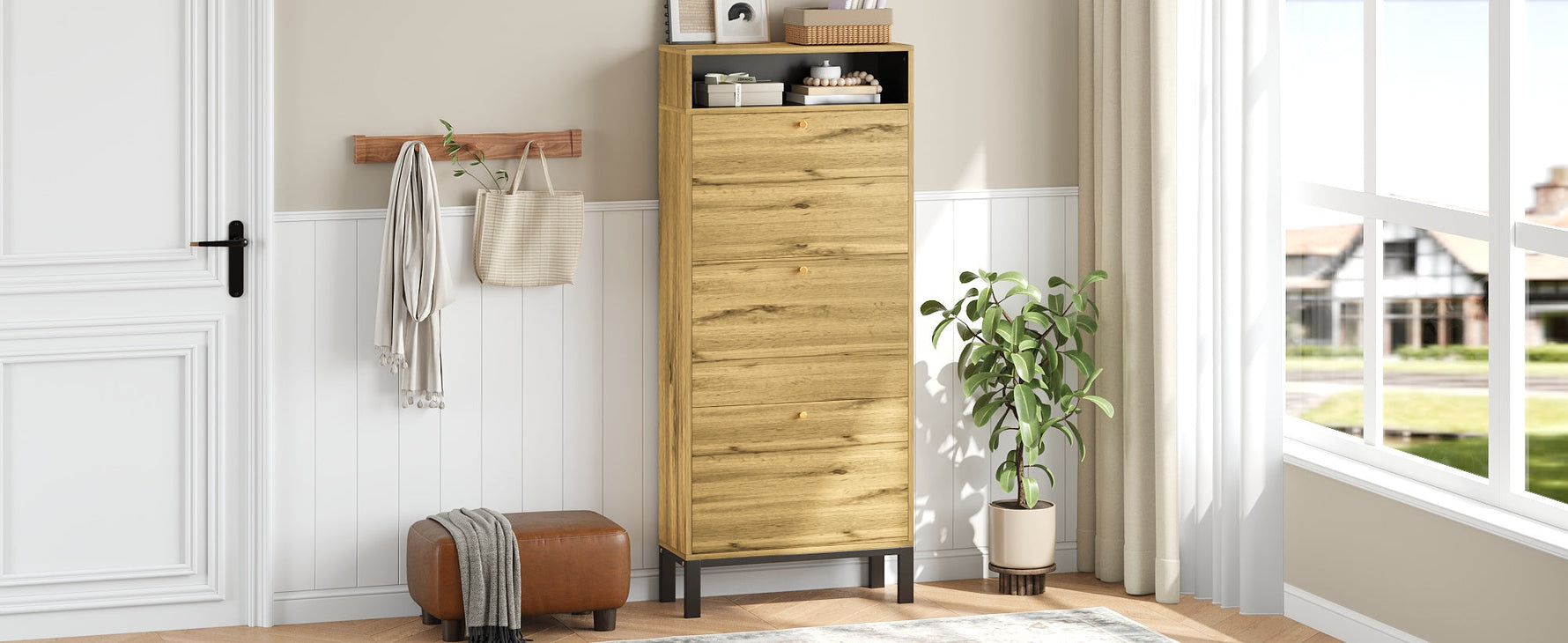 Shoe Cabinet with 3 Drawers and Additional Compartments, Tall and Narrow, Natural Wood Look