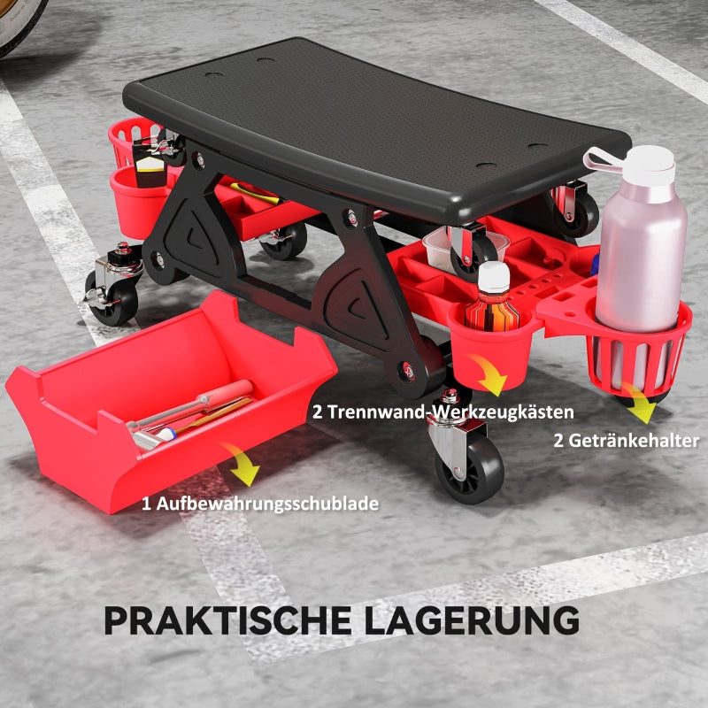 Workshop Stool, Removable Wheels, Storage, Drawer, Red