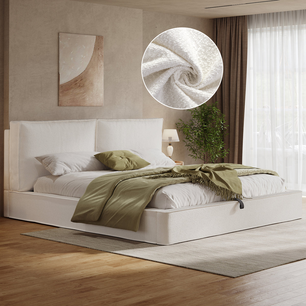 Upholstered Double Bed 180x200cm Hydraulic Storage, Beige Bouclé