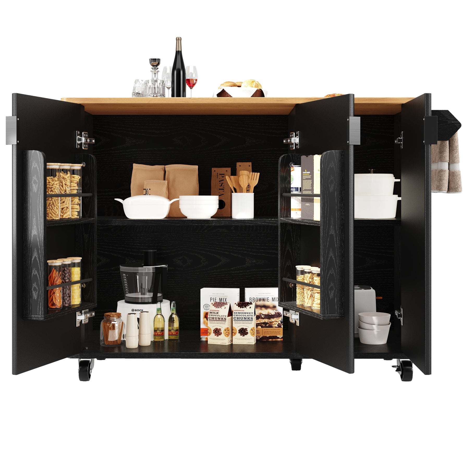 Kitchen Island Extendable 130cm Trolley 3 Doors Spice Rack - White/Black