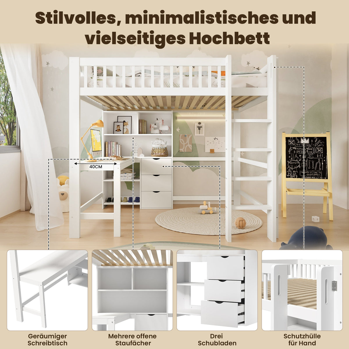 Loft Bed 140x200cm Storage Ladder Desk 3 Drawers, White