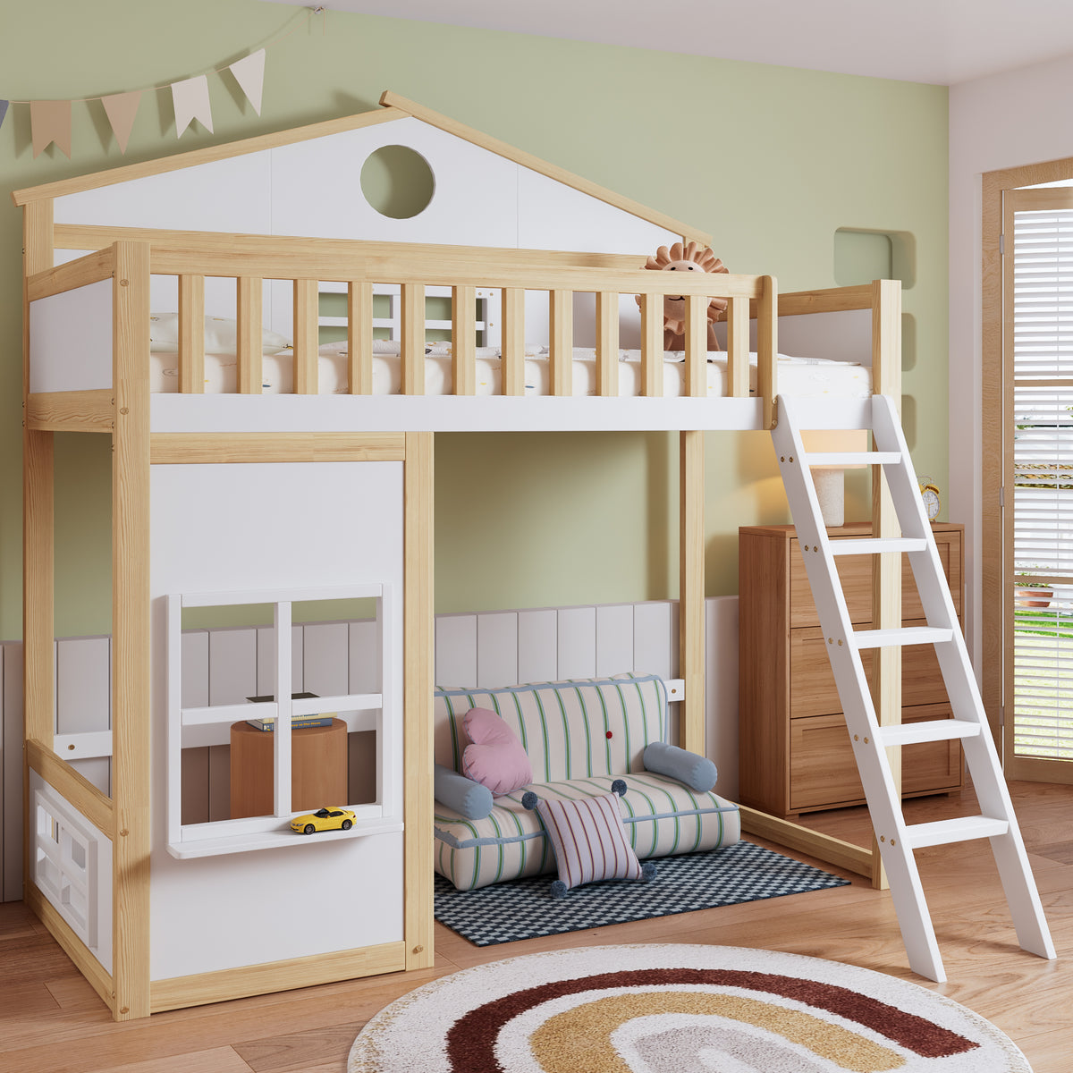 Bunk House Bed with Stairs & Roof 90x200cm, White & Natural