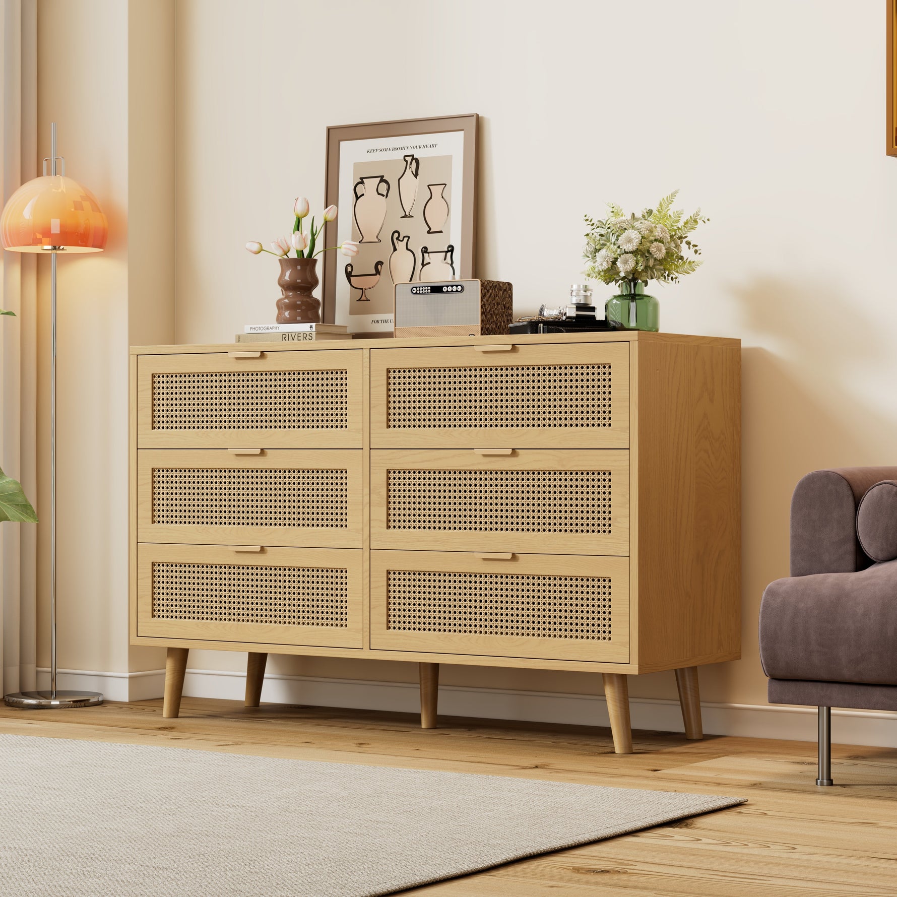 Chest of drawers with 6 drawers, metal handles, wood