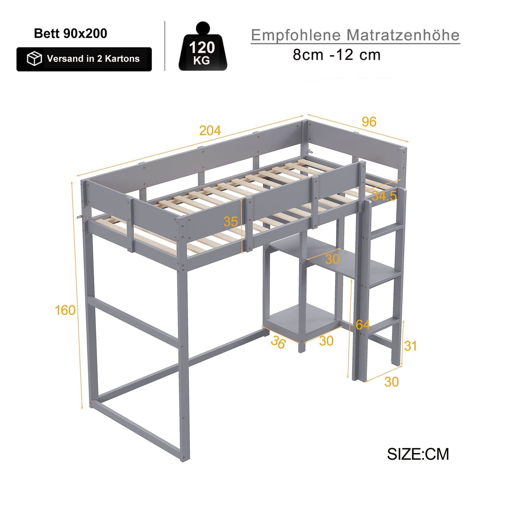 Loft Bed with Storage and Slatted Base, 90x200cm, Grey Pine Wood