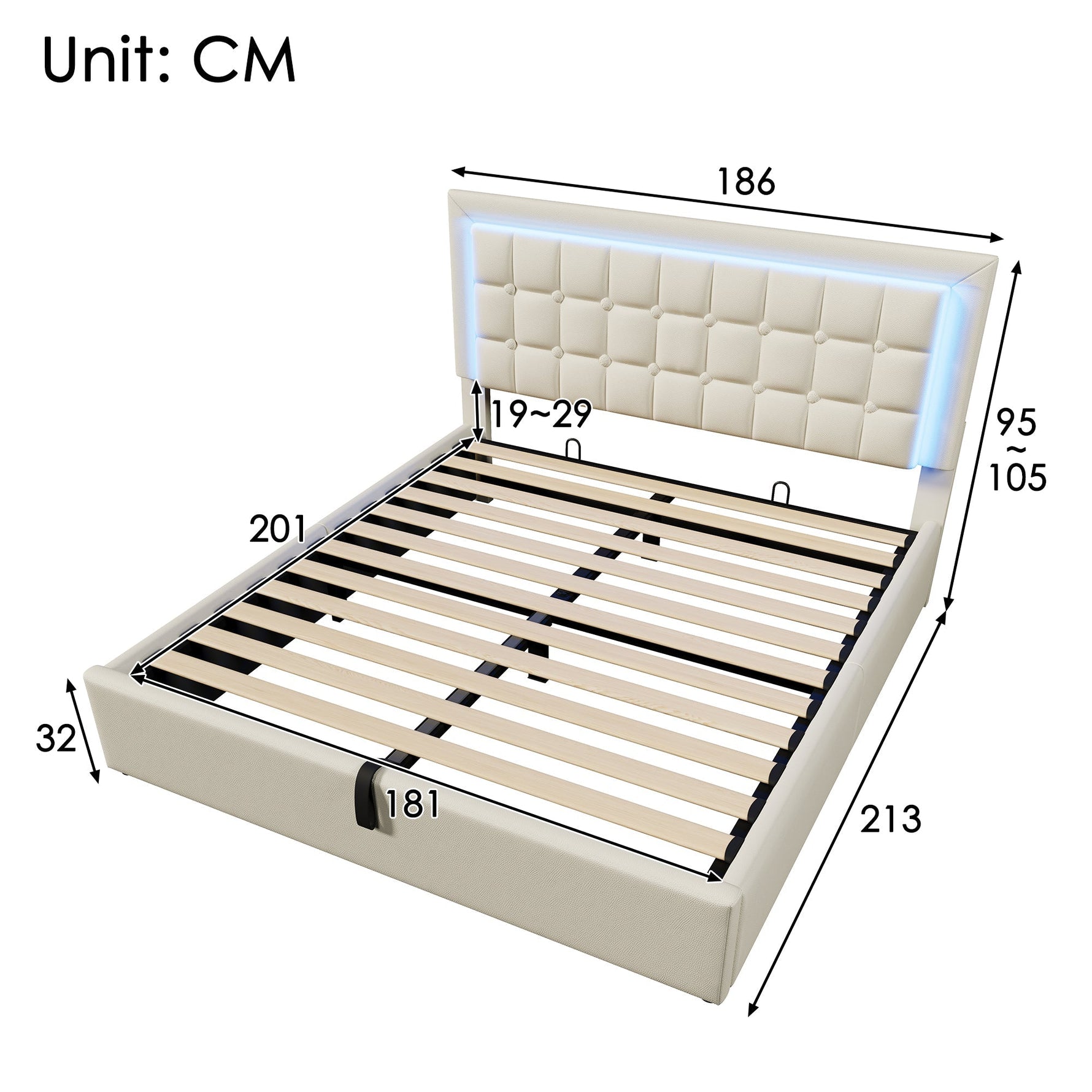 061617AAW Upholstered Double Bed with LED Lighting, Slatted Frame and Storage, 180x200cm, White Faux Leather