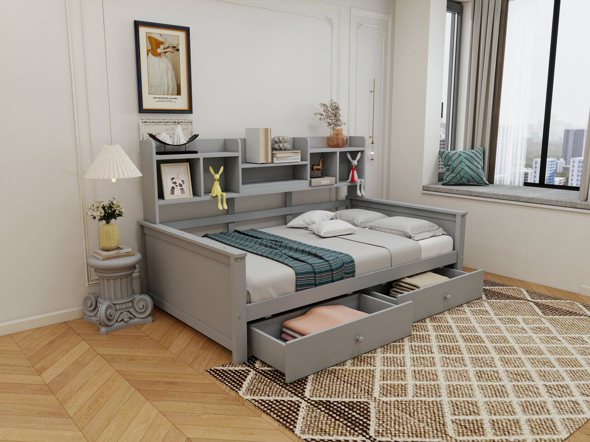 Sofa Bed 90x200 with Drawers & Shelves, Solid Wood Grey