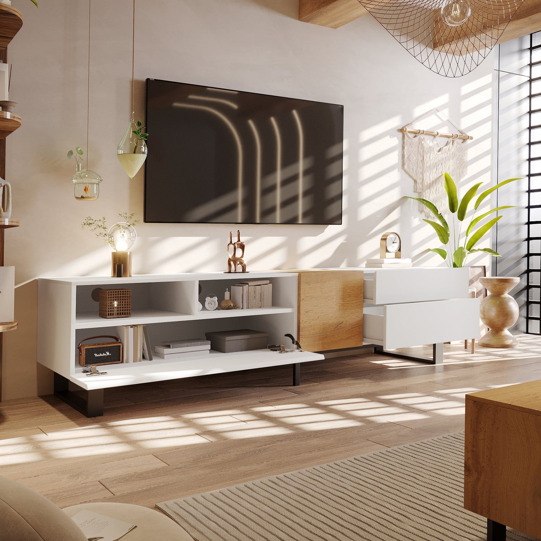 Modern TV Cabinet, Minimalist Design 180x50x38cm, White & Wood Look
