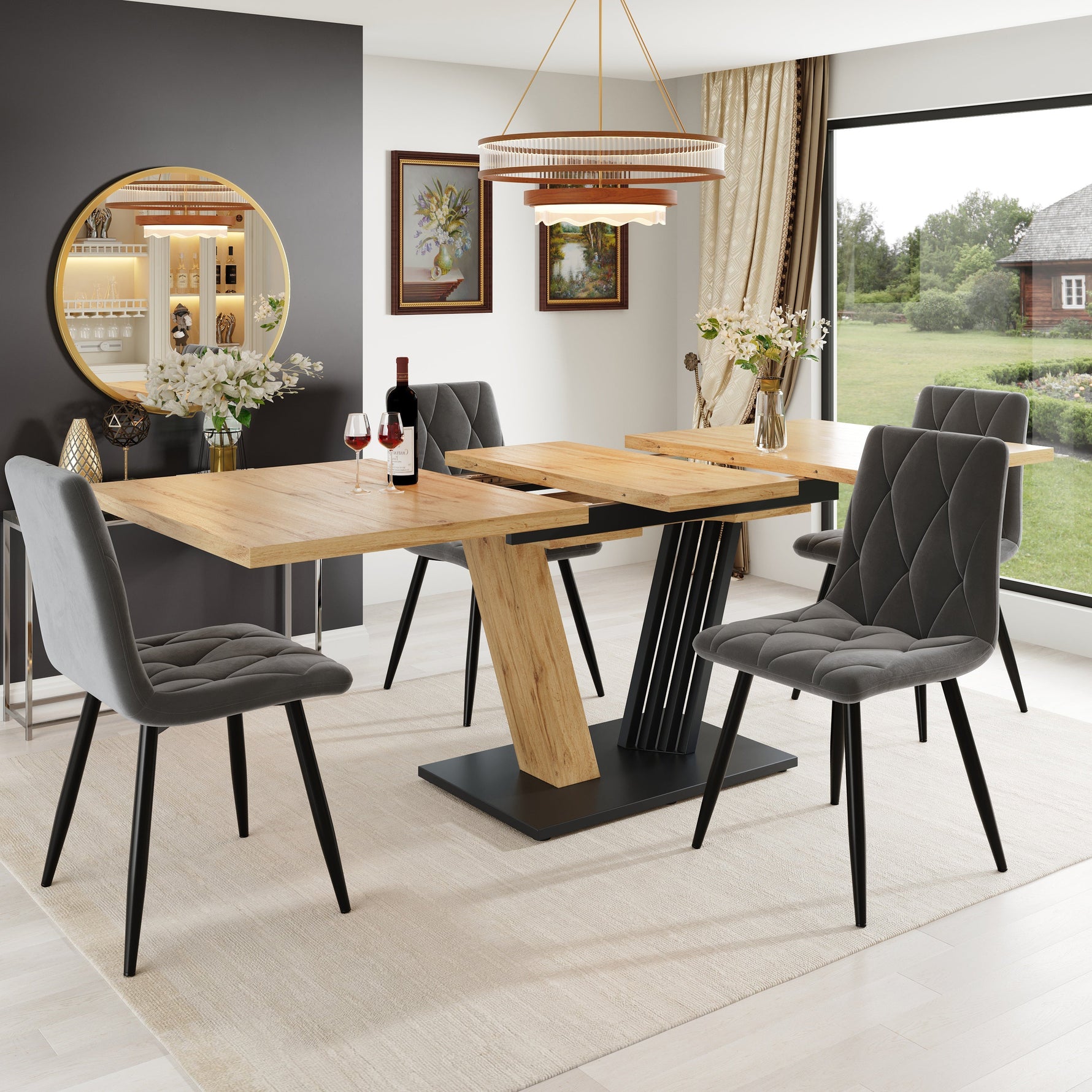 5-Piece Dining Set with Extendable Table and 4 Chairs, Grey Velvet