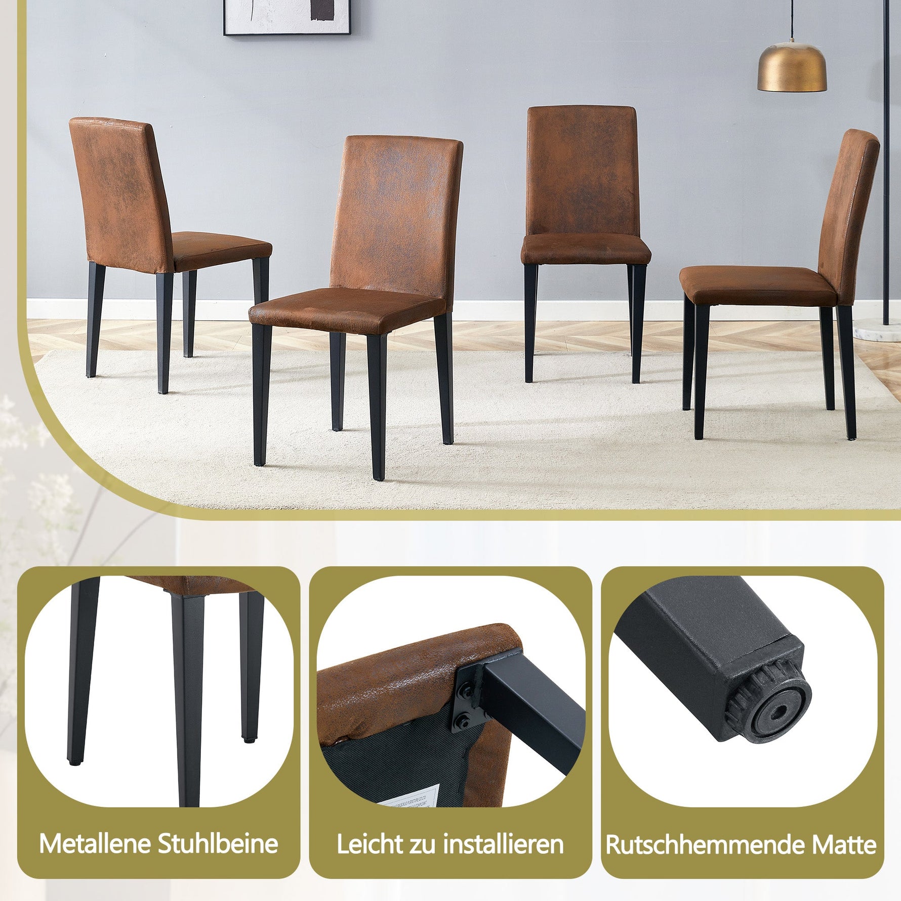 Minimalist Dining Chairs Set of 2 with Metal Legs, Brown Woven Fabric