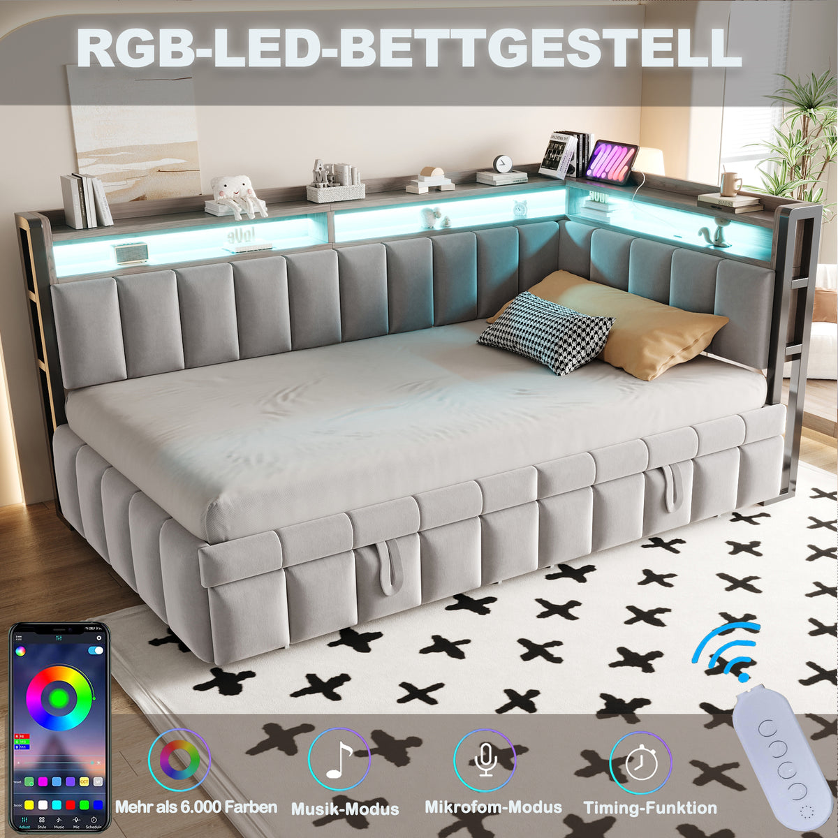 Upholstered Sofa Bed 90x200cm with Pull-Out Bed, Light Grey Velvet