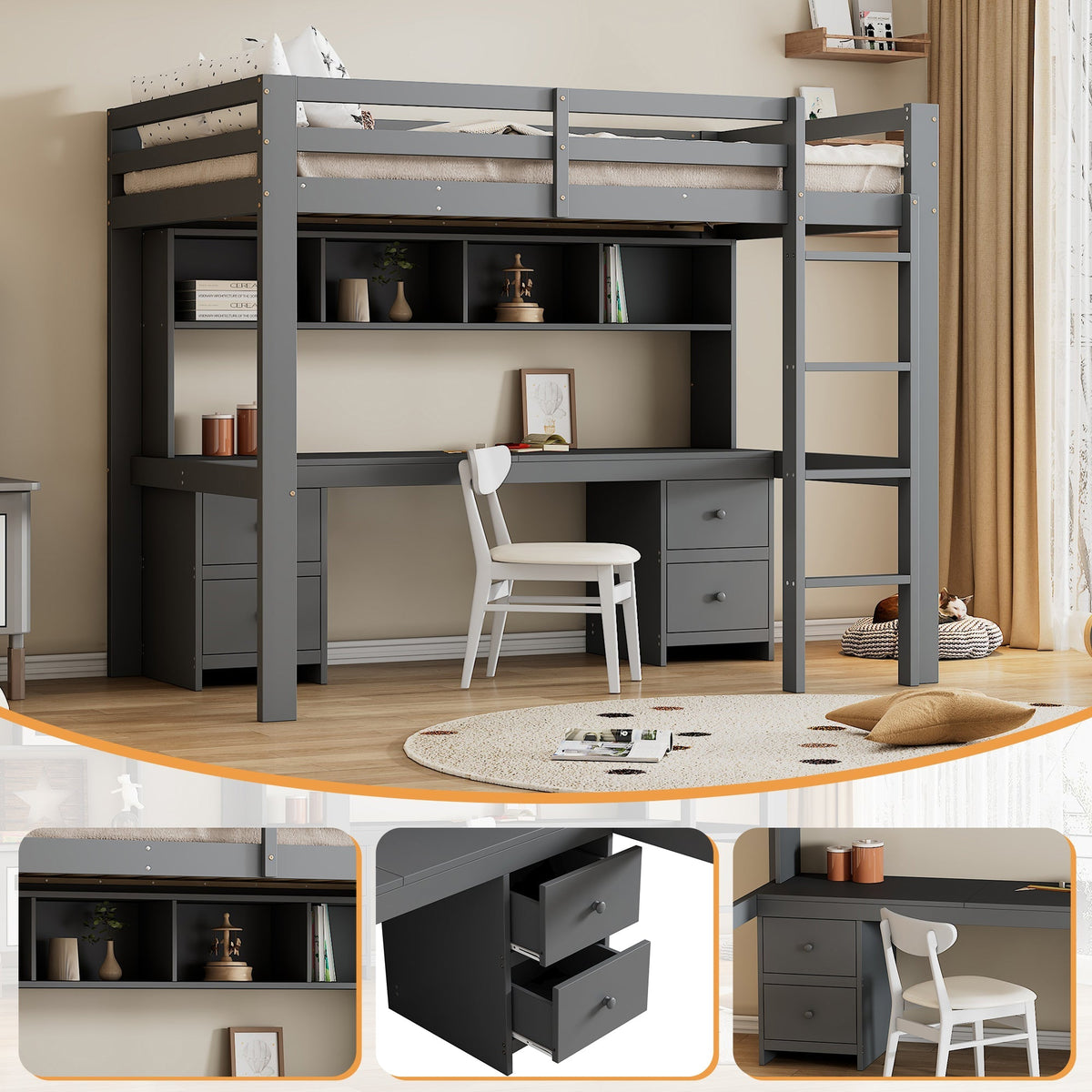 Loft Bed for Children with Desk and Storage, 90x200 cm, Grey