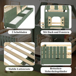 Children's House Bed with Roof, Window, Fence, 2 Drawers, 90x200cm - Pine/MDF Green/Natural