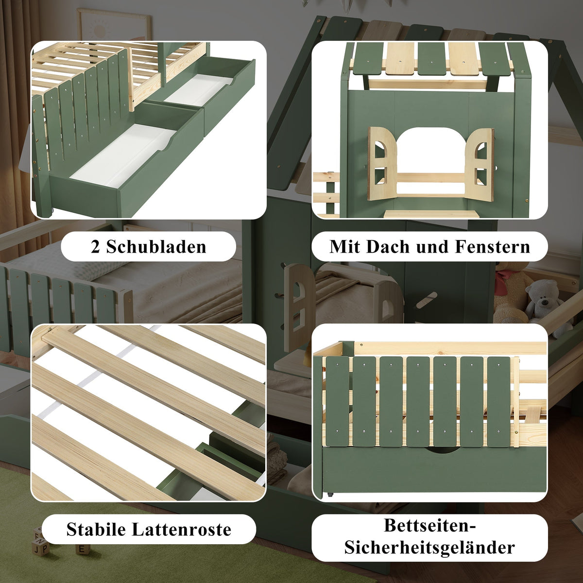 Children's House Bed with Roof, Window, Fence, 2 Drawers, 90x200cm - Pine/MDF Green/Natural