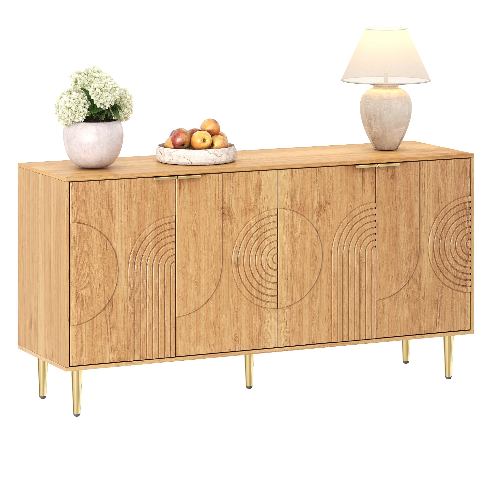 Modern Sideboard with 4 Doors and Adjustable Shelves, Natural Wood Look