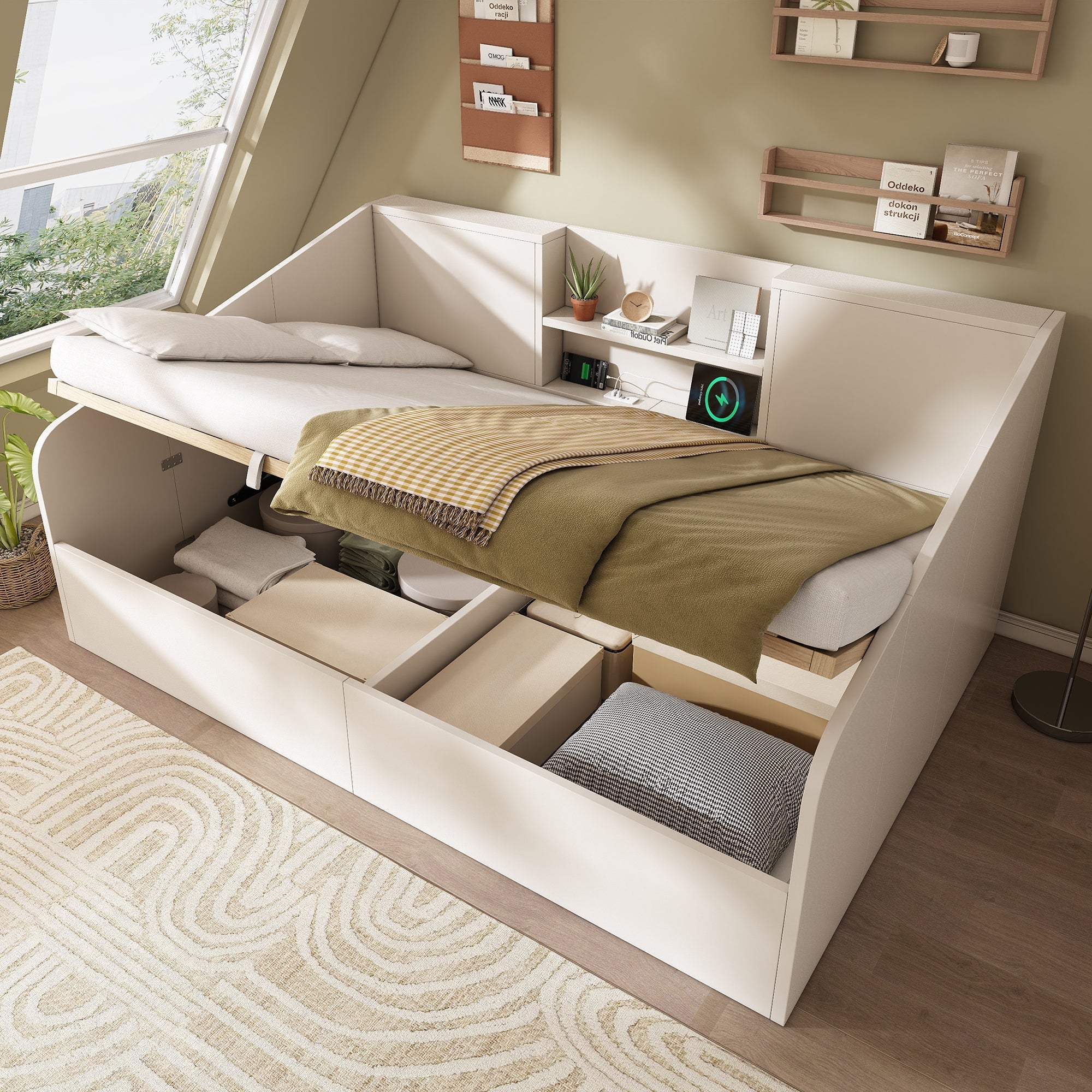 Hydraulic Daybed 140x190cm Double Bed Storage USB/Type-C Charging White Wood