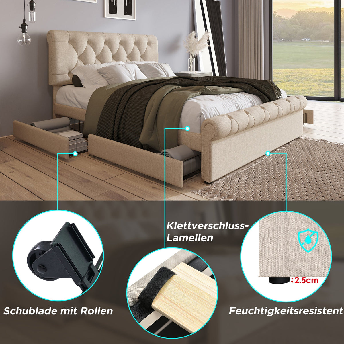 Double Upholstered Bed 140x200cm 4 Drawers Adjustable Headboard With Mattress - Natural