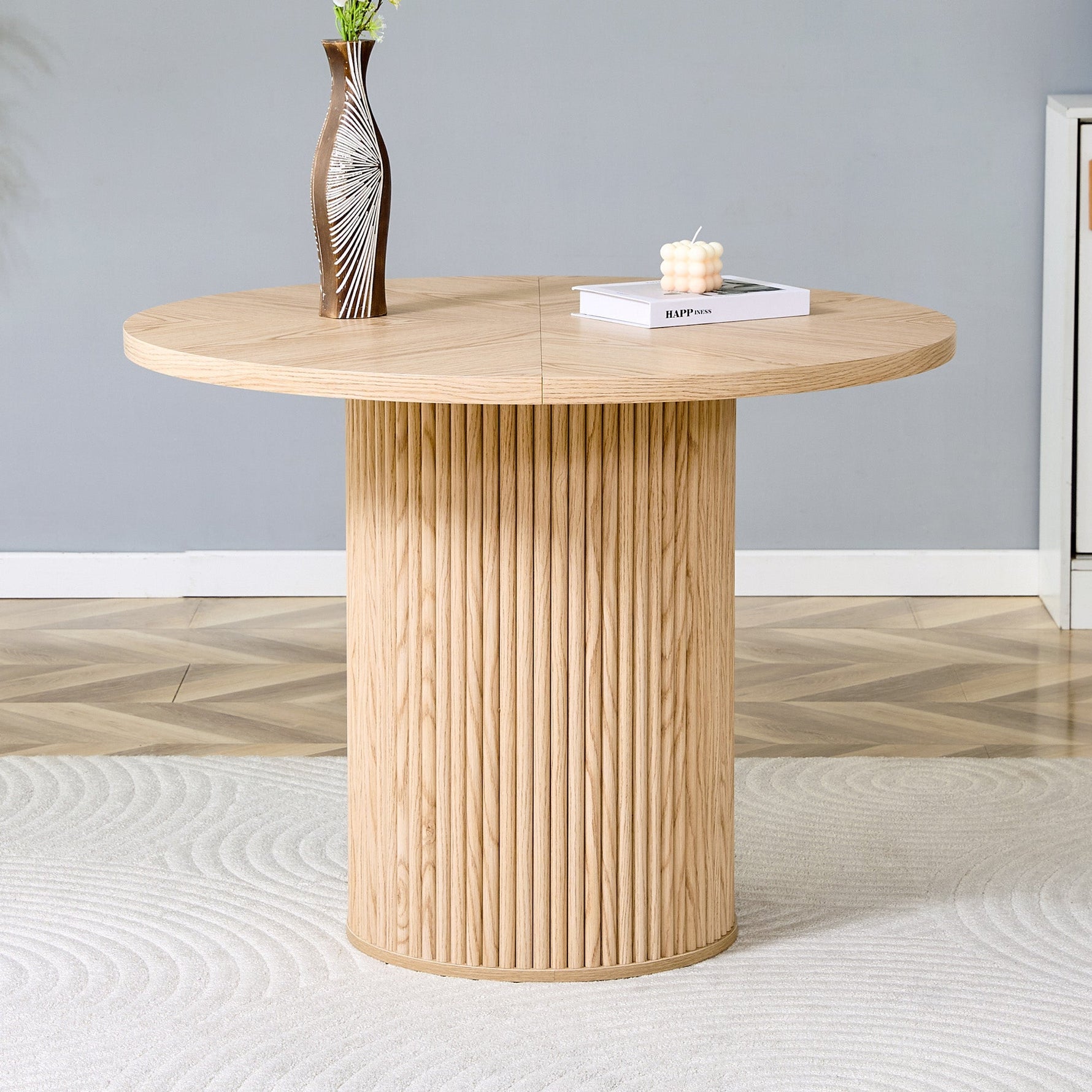 Round Dining Table 100cm MDF Storage 4-6 Seater - Light Wood Look
