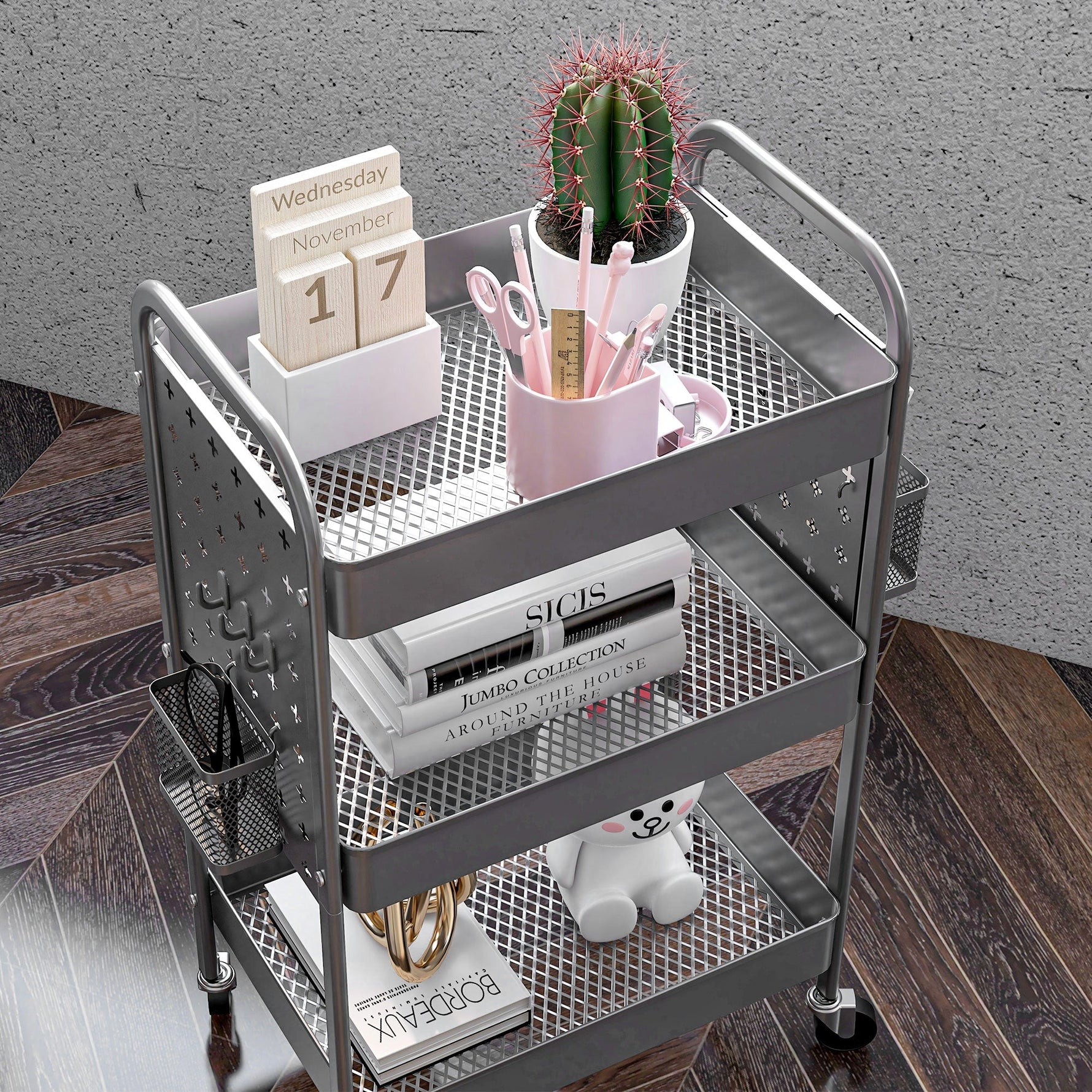 Rolling Serving Cart, 3 Tiers, 2 Baskets, Steel, Dark Grey