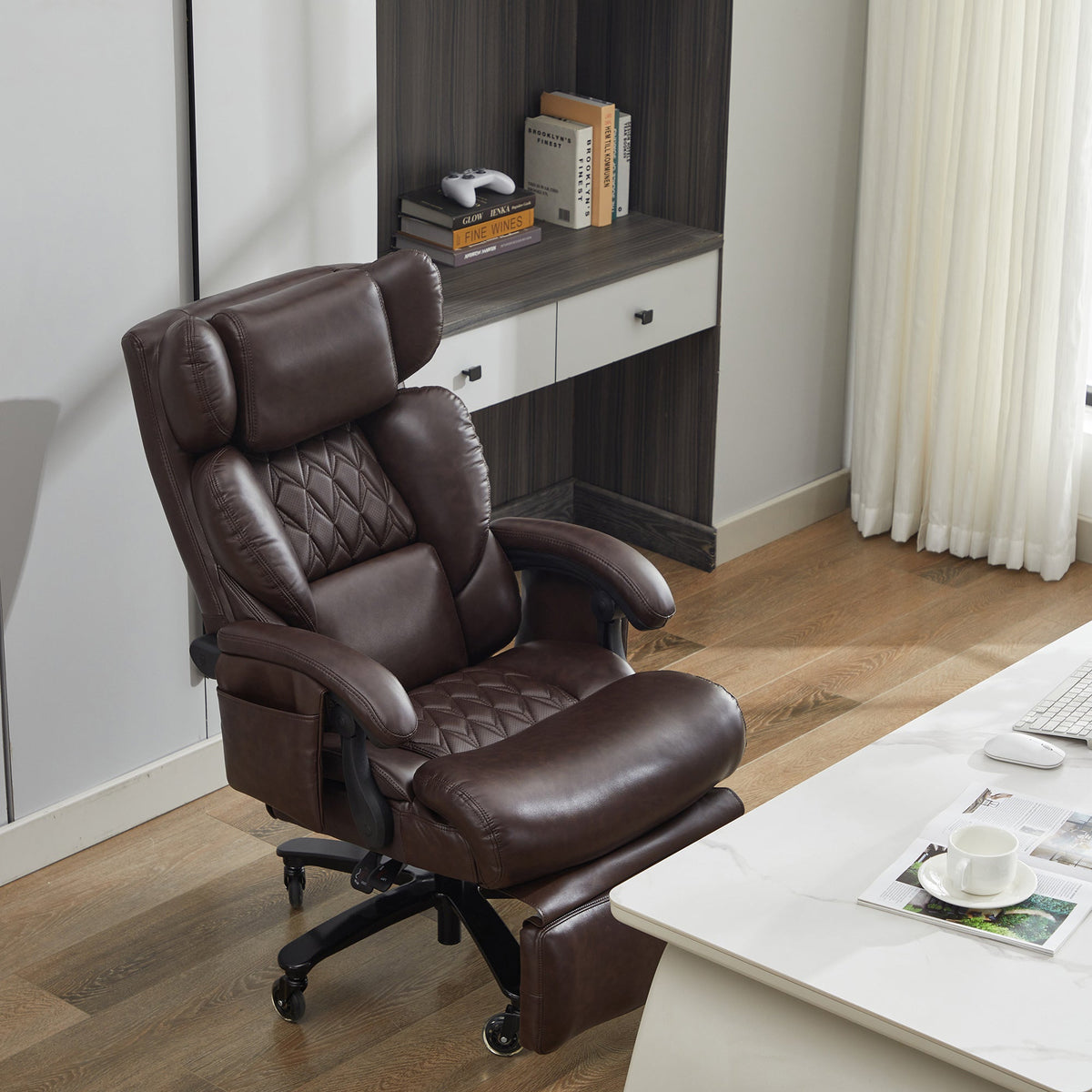 XXL Ergonomic Office Chair with Massage and Heating Function, Footrest and Adjustable Backrest, Brown PU Leather