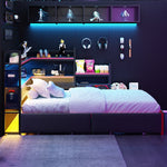 Gaming-Style Metal Bed Frame with 3 Drawers, LED Lighting, USB Ports, Pegboard and Side Shelves, Black Metal