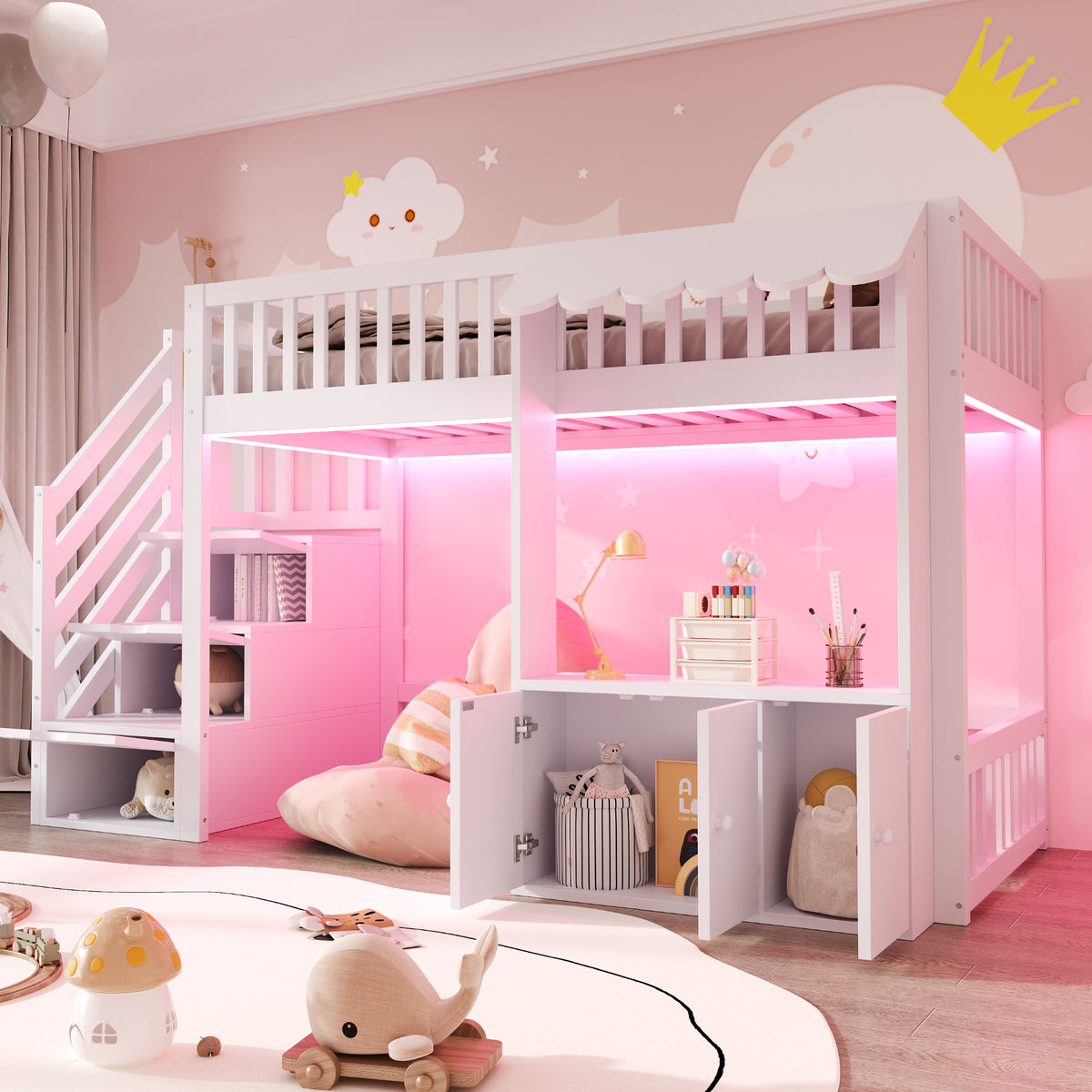 Wooden Loft Bed 90x200cm with Wardrobe & Storage Stairs, White