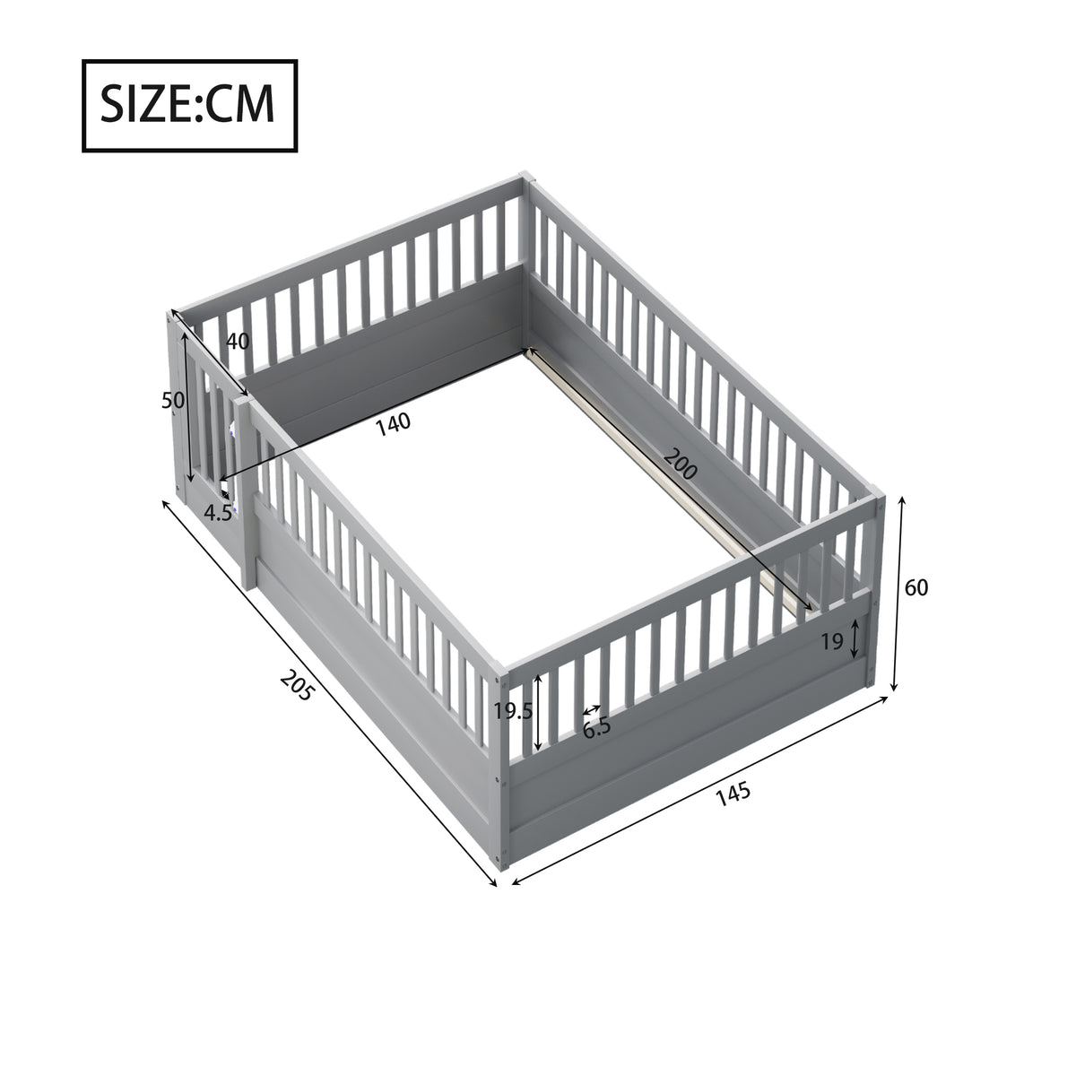 Children's Bed 140x200cm with Railing & Door, Grey Wood