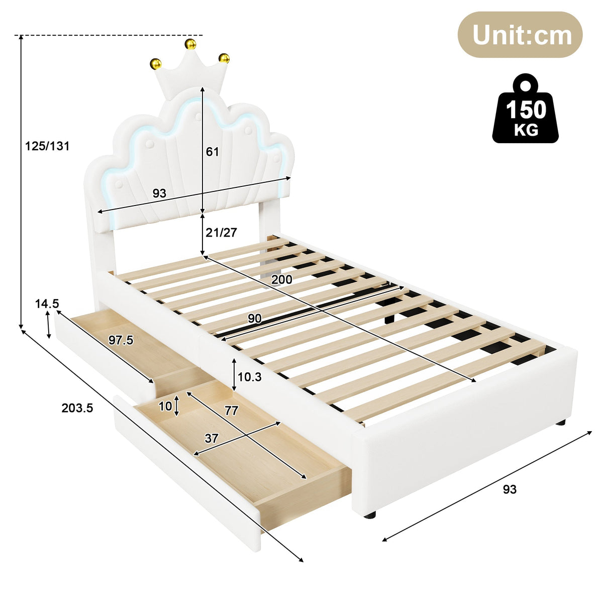 Upholstered Bed 90x200cm 2 Drawers Crown Adjustable Headboard Ambient Light - White PU