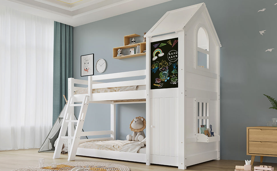 Children's Bunk Bed with Windows & Chalkboard, White Pine