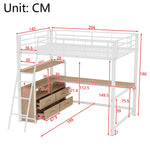 Loft Bed with L-Shaped Desk and Storage Drawers, White Metal Frame