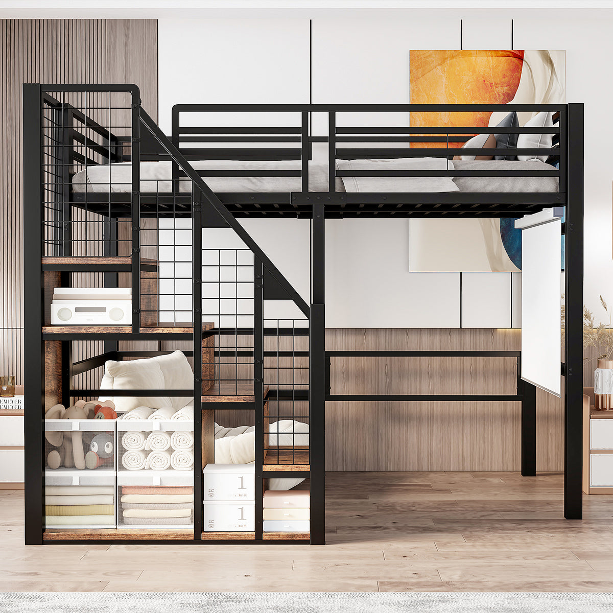 Bunk Bed with Safety Ladder 90x200 & Storage, Black Iron Frame