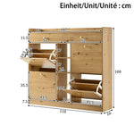 Shoe Cabinet with 4 Hinged Doors, 2 Drawers and 3 Open Compartments, 110x26x100cm, Wood Color