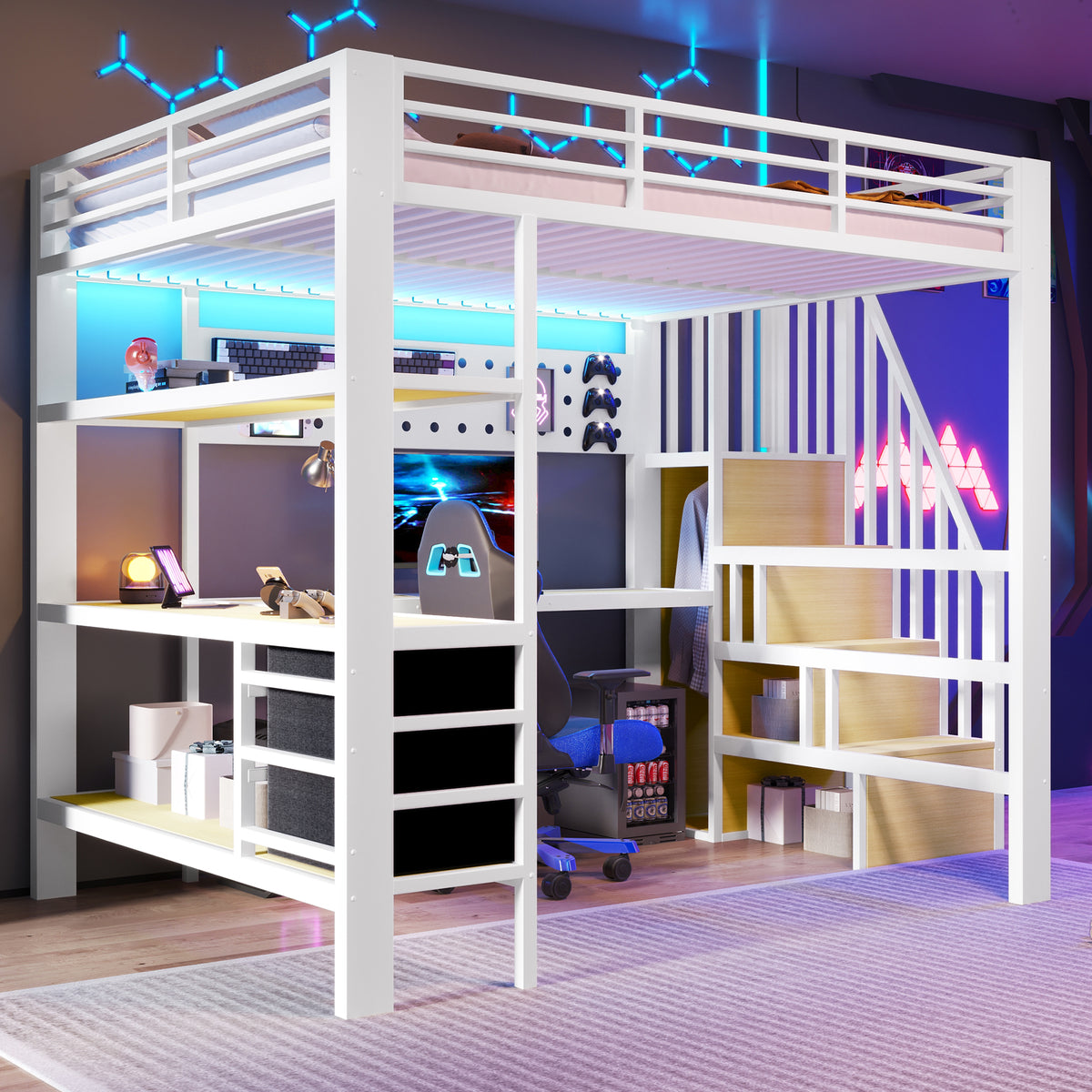Loft Bed 140x200cm with Desk & Storage, White Metal