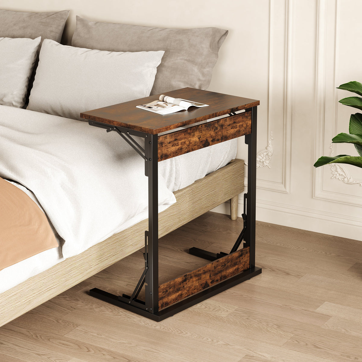 C-shaped Side Table Foldable Metal Frame Adjustable Feet TV Tray - Brown