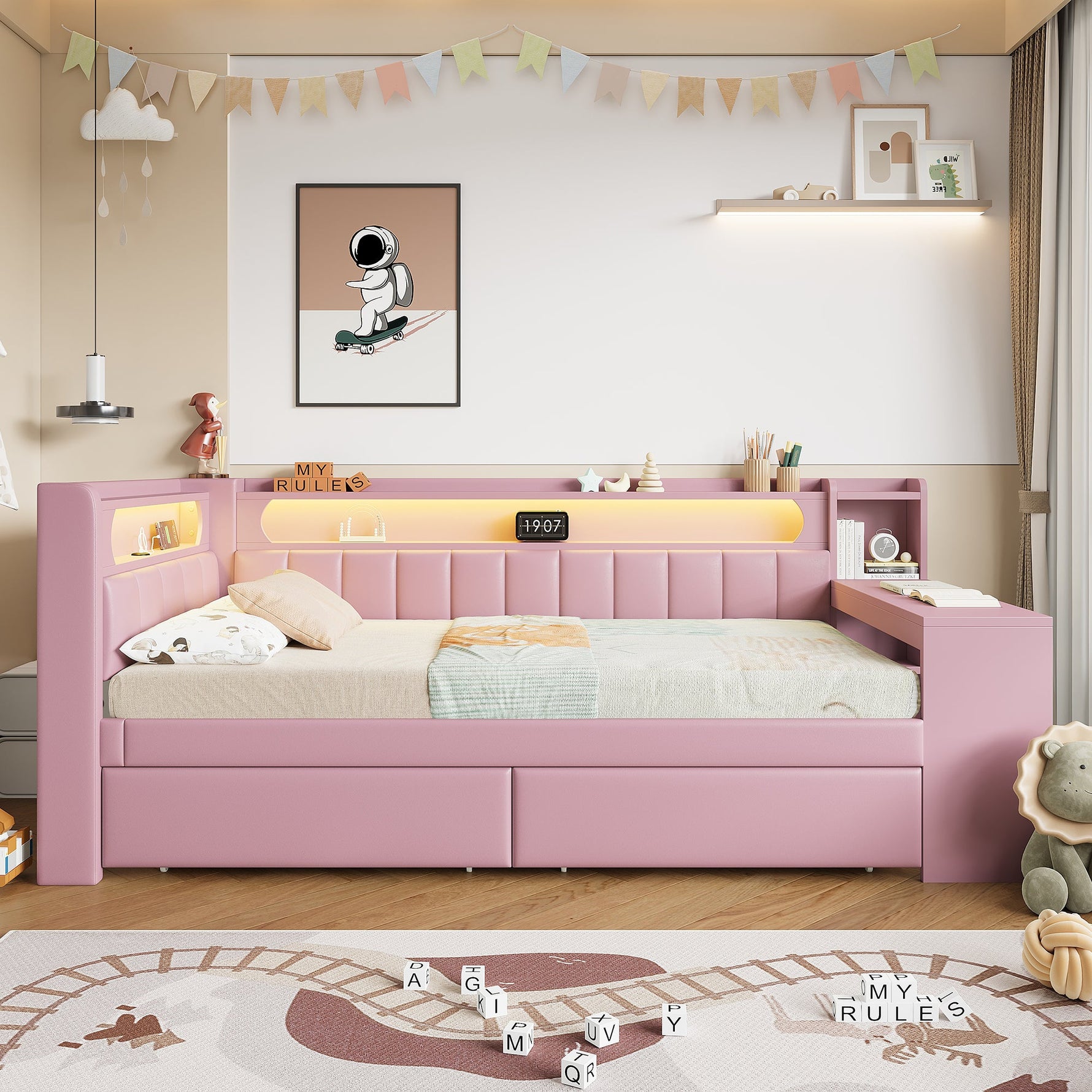 Upholstered Daybed 90x200cm USB LED Desk 2 Drawers - Pink