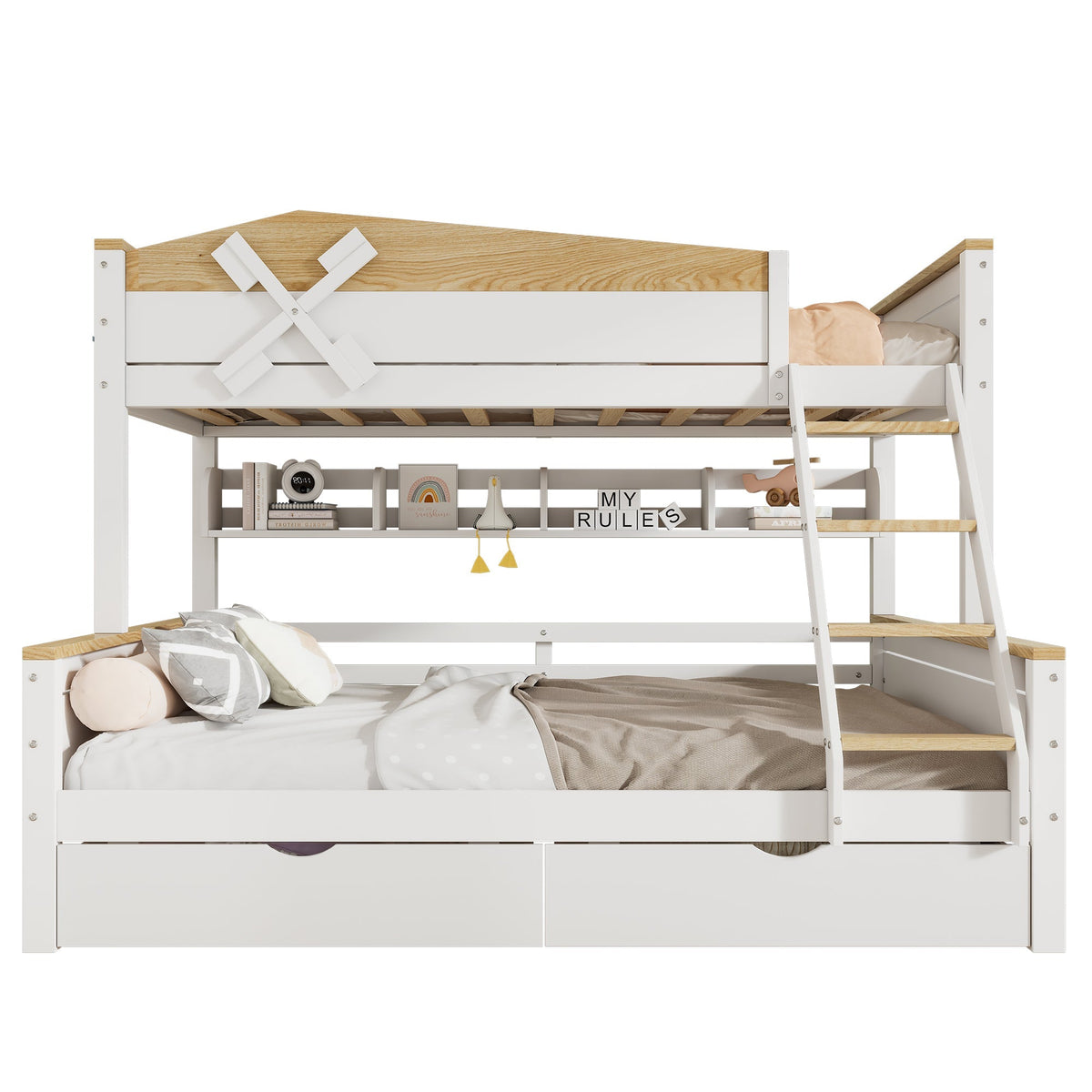 Bunk Bed with Windmill, Shelves & Drawers, Pine + MDF, White + Natural