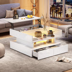 Coffee Table, 80x80x45cm Height-Adjustable Storage LED Lights Tempered Glass, White