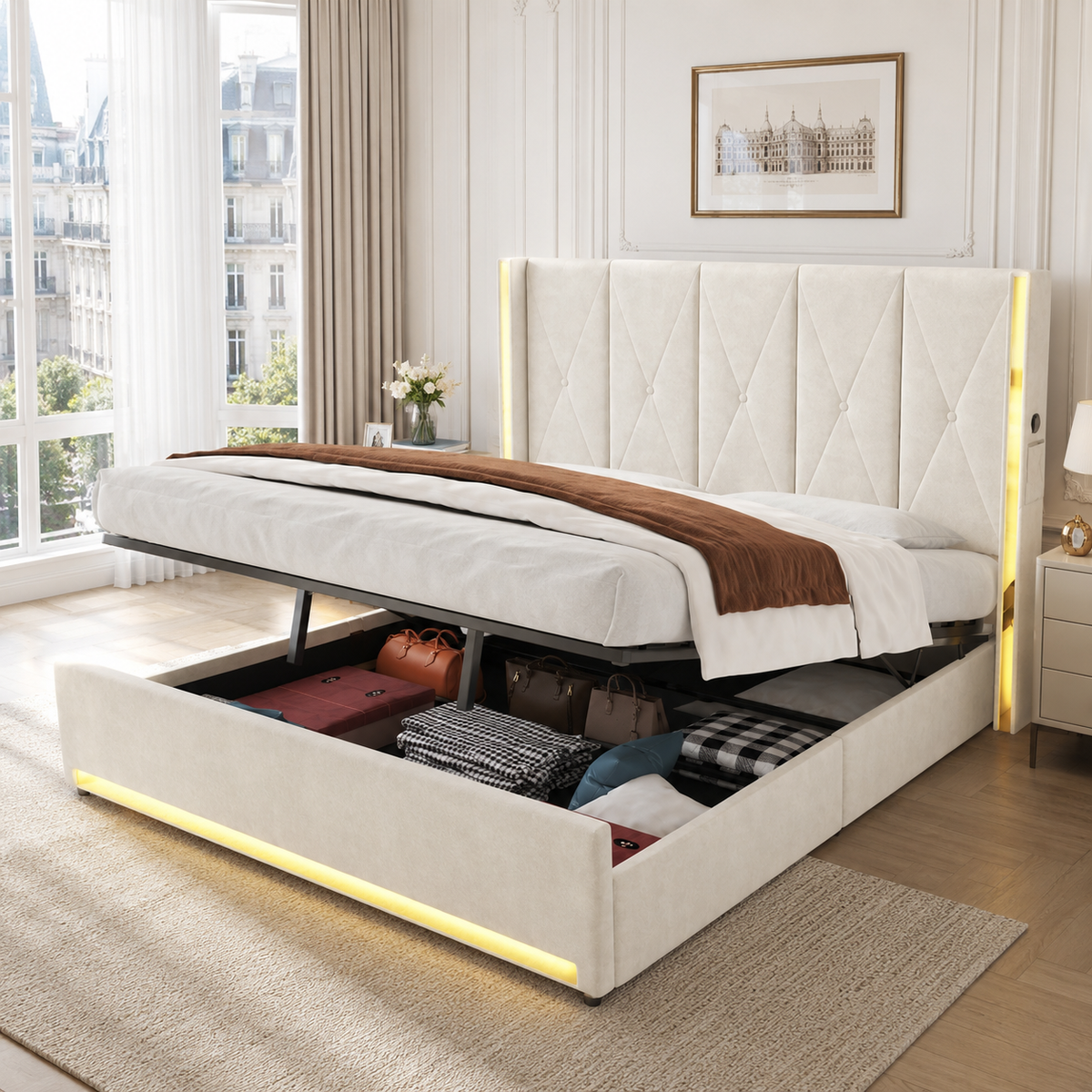 Storage Bed with LED, USB & Hydraulic Storage, 180x200cm, Velour